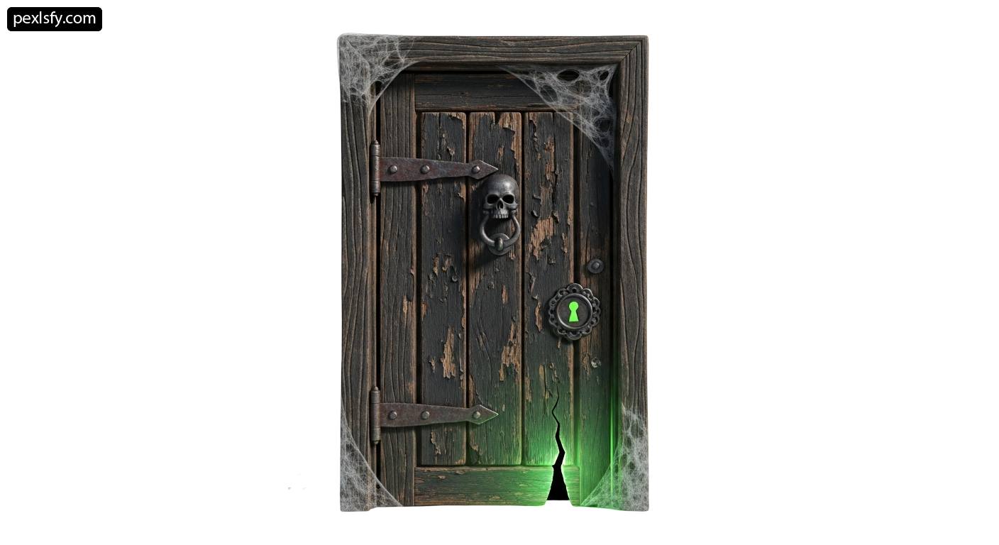 Wooden door with a skull and spider web on it png transparent background