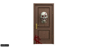 Wooden door with a skull head on it png transparent background