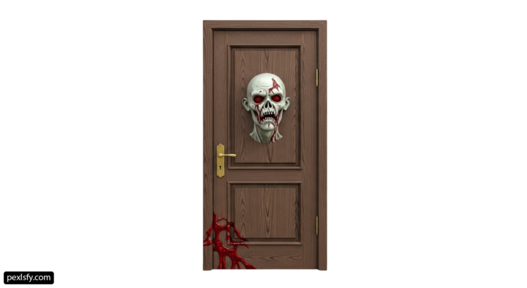 Wooden door with a skull head on it png transparent background