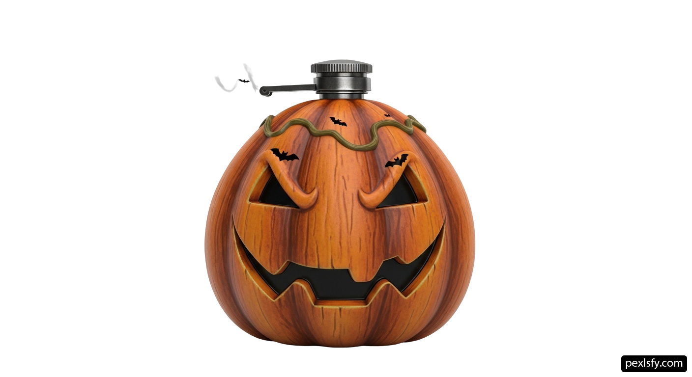 Wooden flask with a jack-o-lantern face on it png transparent background