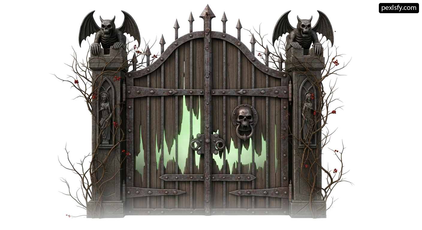 Wooden gate with two gargoyles on top of it png transparent background