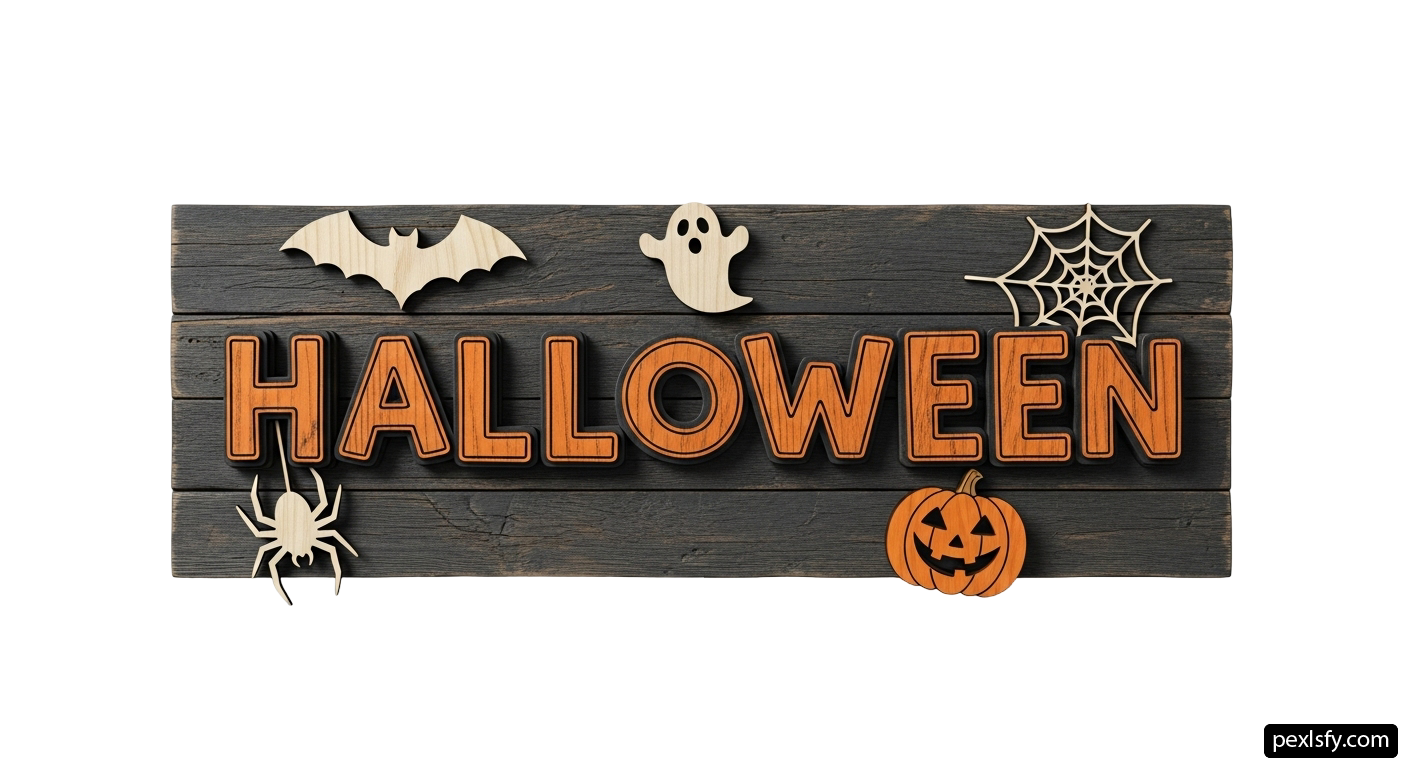 Wooden sign that says "HALLOWEEN" with bats, pumpkins and spiders png transparent background