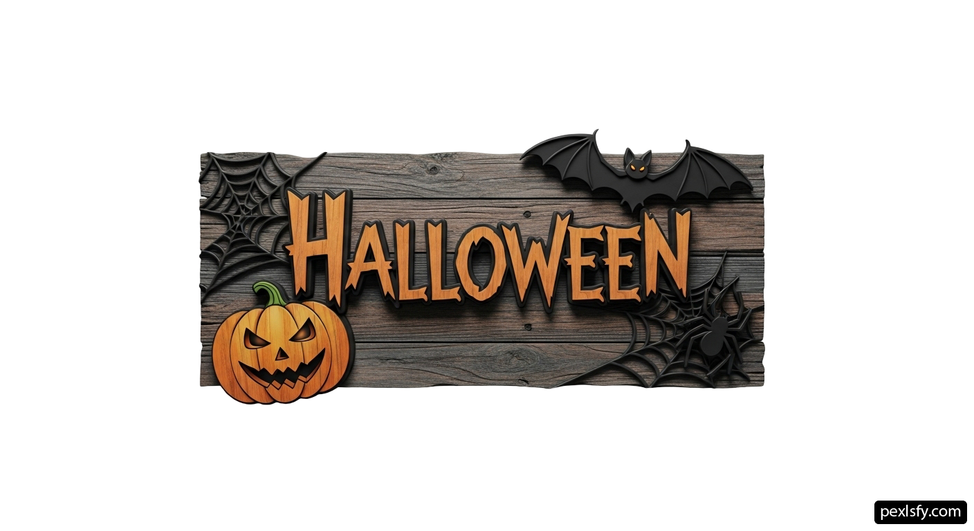 Wooden sign that says "Halloween" with a pumpkin and bats png transparent background