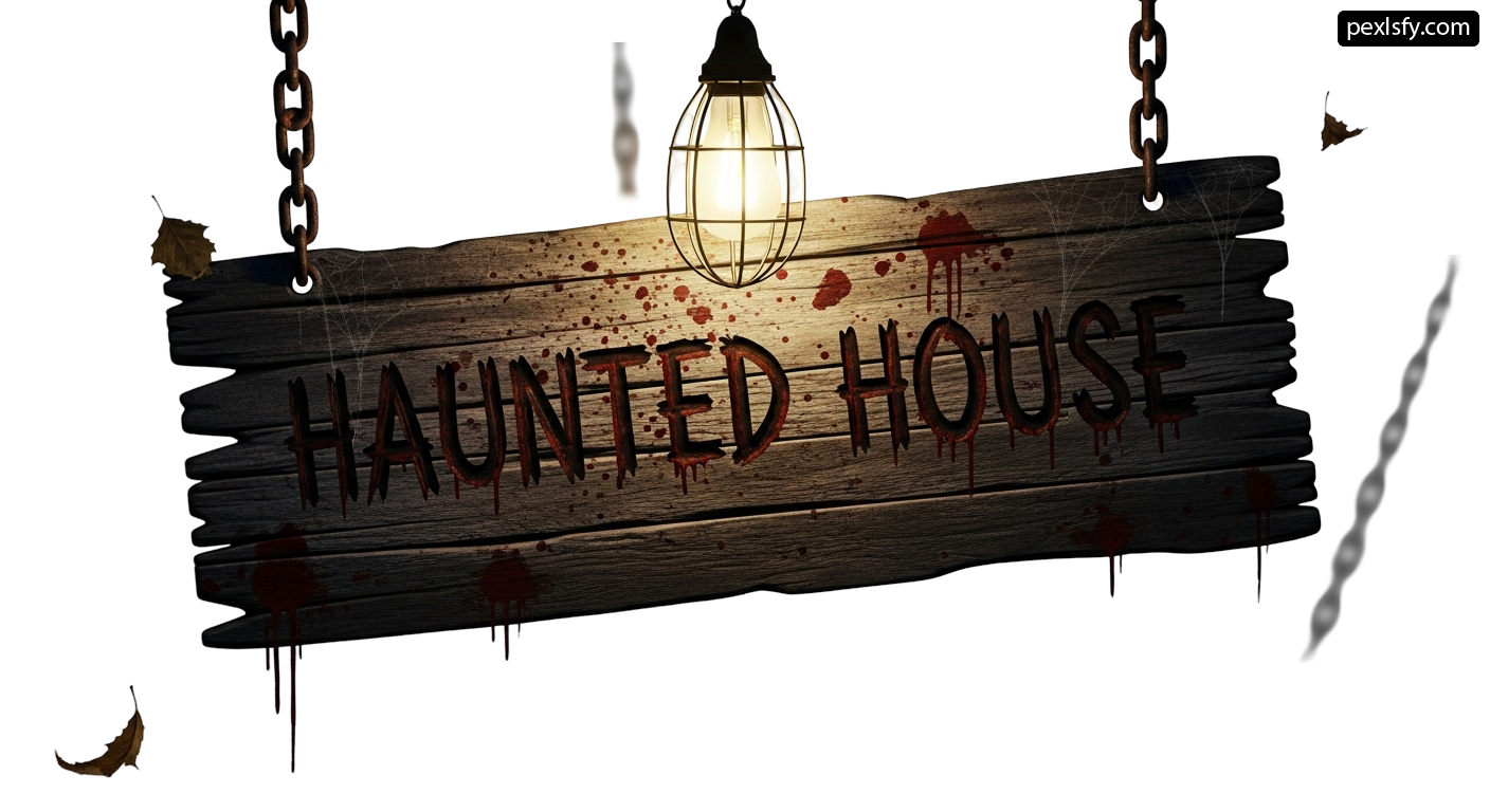 Wooden sign that says haunted house hanging from a chain png transparent background