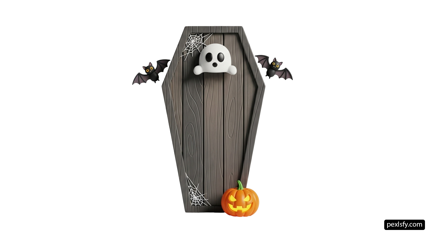 Wooden tombstone with a ghost and bats on it png transparent background