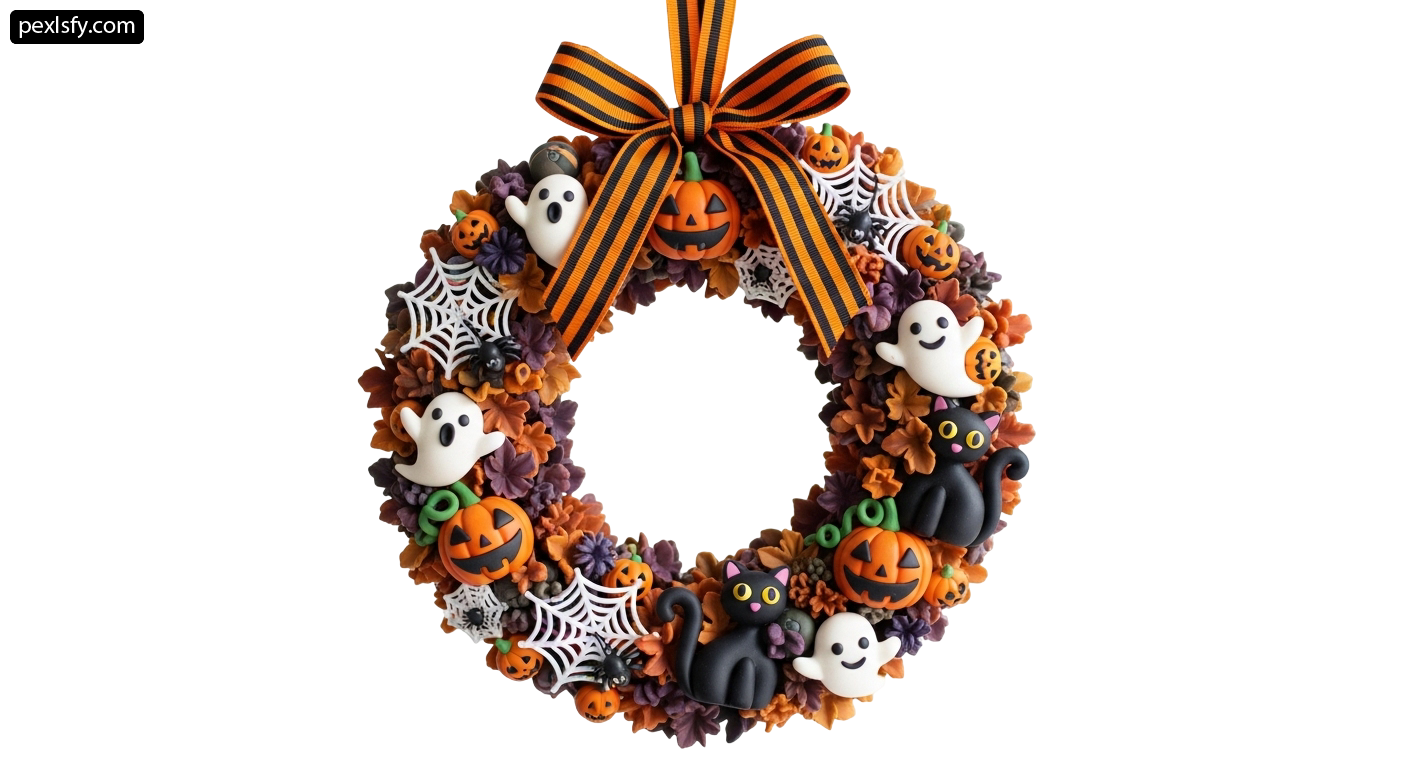 Wreath decorated with halloween decorations on a white background png transparent background