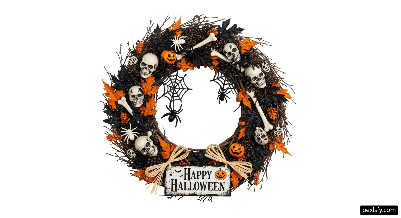 Wreath decorated with skulls and pumpkins on a white background png transparent background