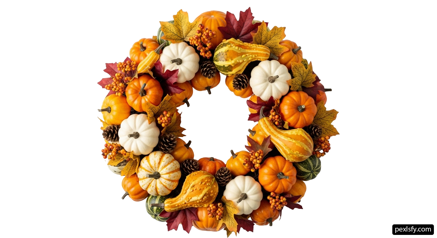 Wreath of pumpkins and gourds on a white background png transparent background