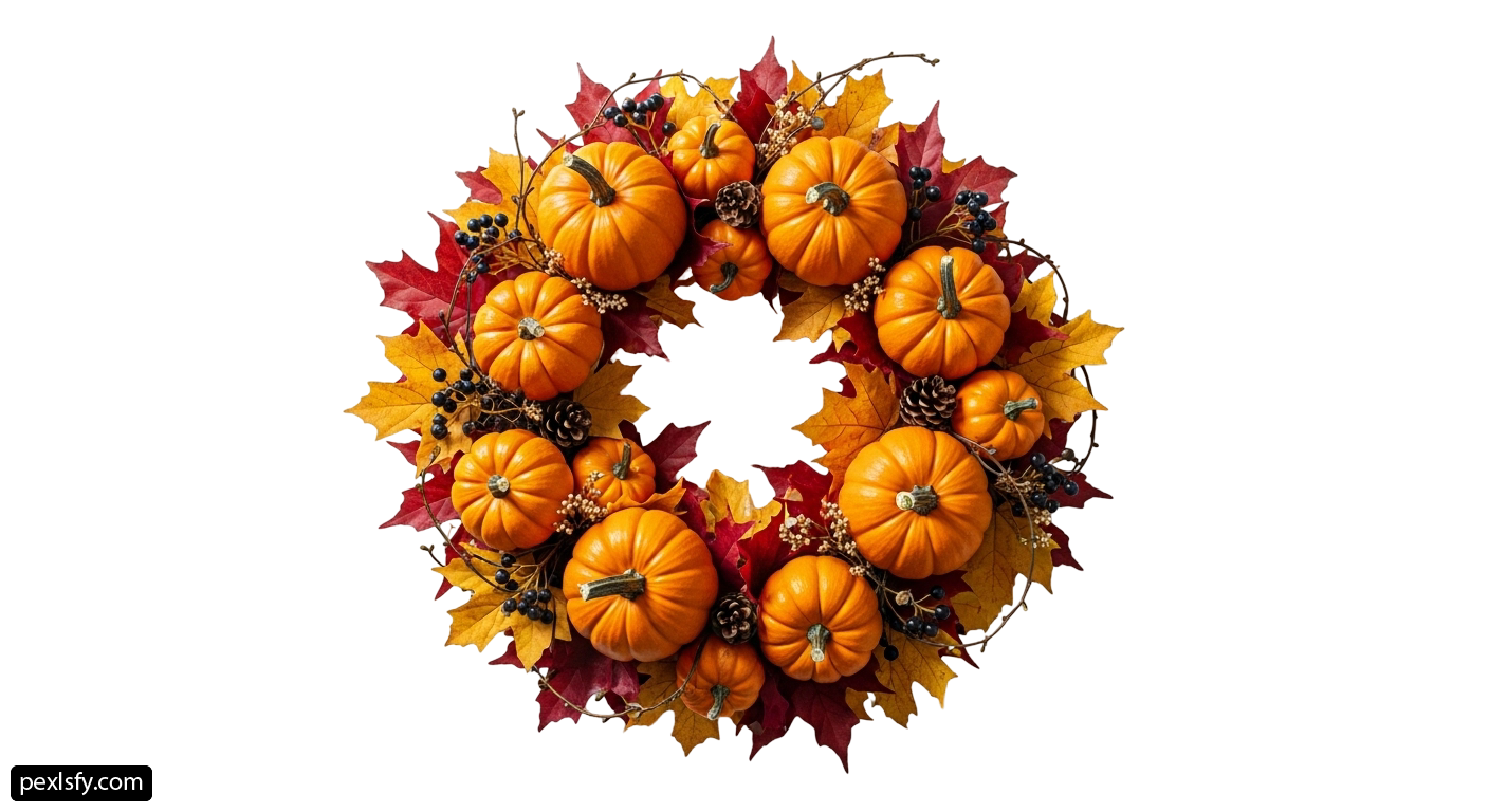 Wreath of pumpkins and leaves on a white background png transparent background
