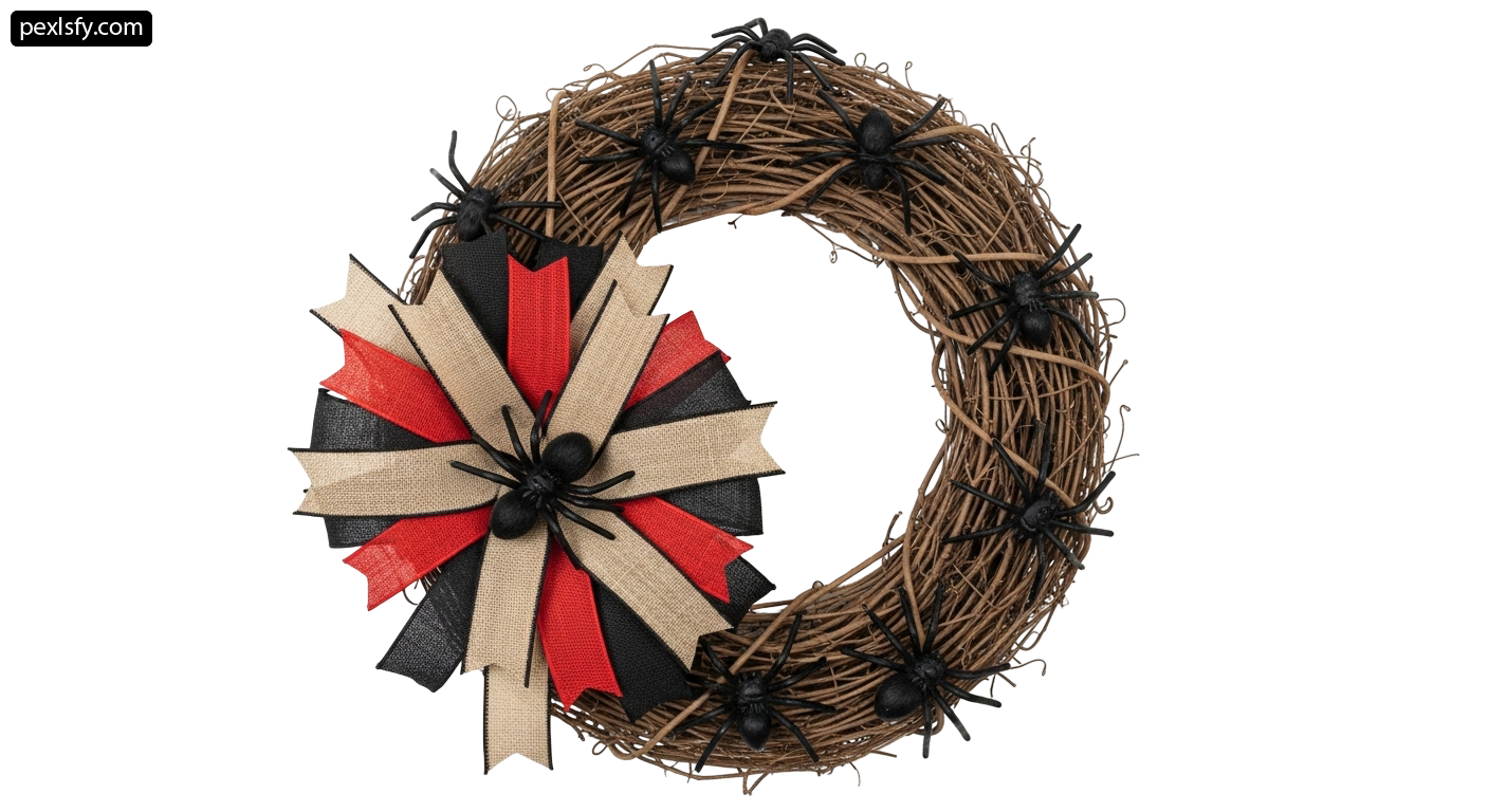 Wreath with black spiders on a white background png transparent background