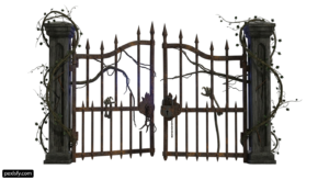 Wrought iron gate with vines growing on it png transparent background