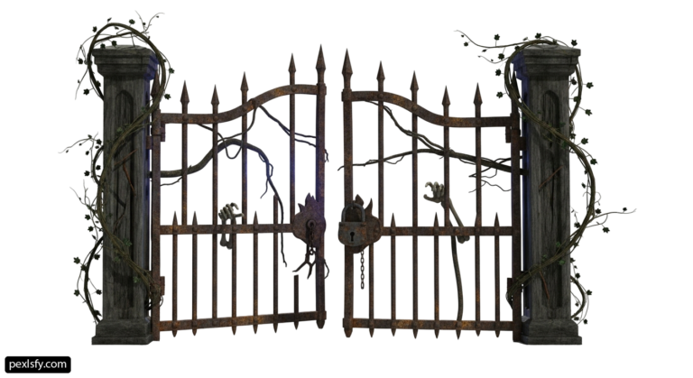 Wrought iron gate with vines growing on it png transparent background